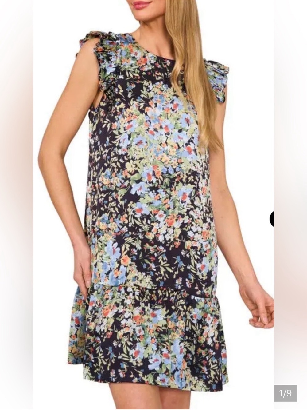 CeCe Navy Floral Ruffle-Hem Sleeveless Dress